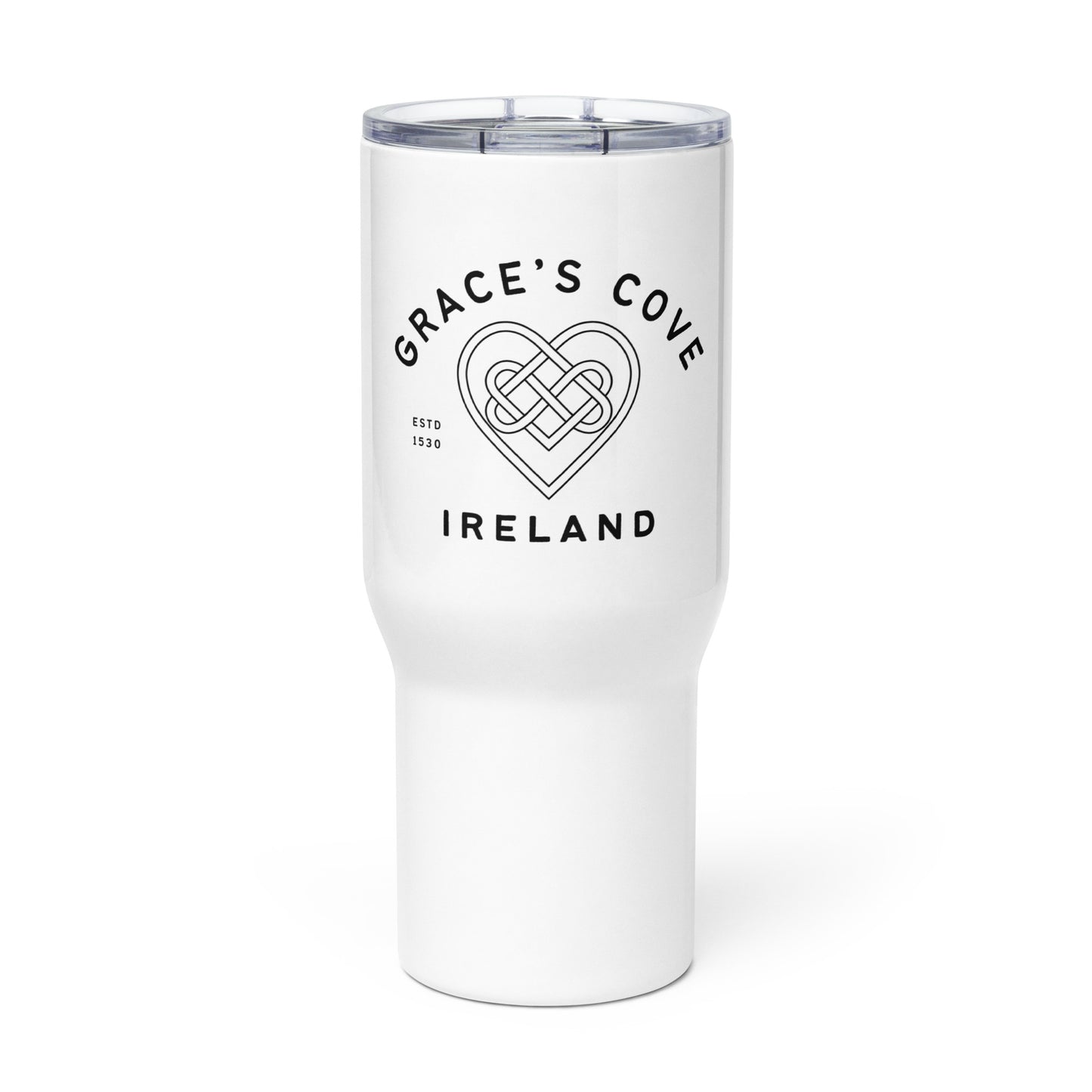 Grace's Cove Heart Travel mug with a handle