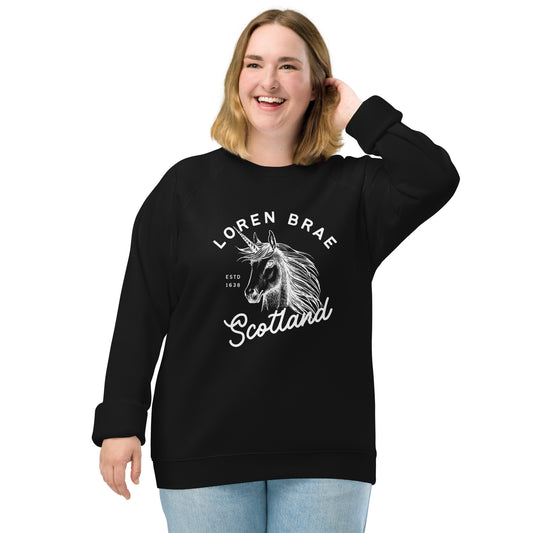 Loren Brae Unicorn White Font Unisex organic raglan sweatshirt