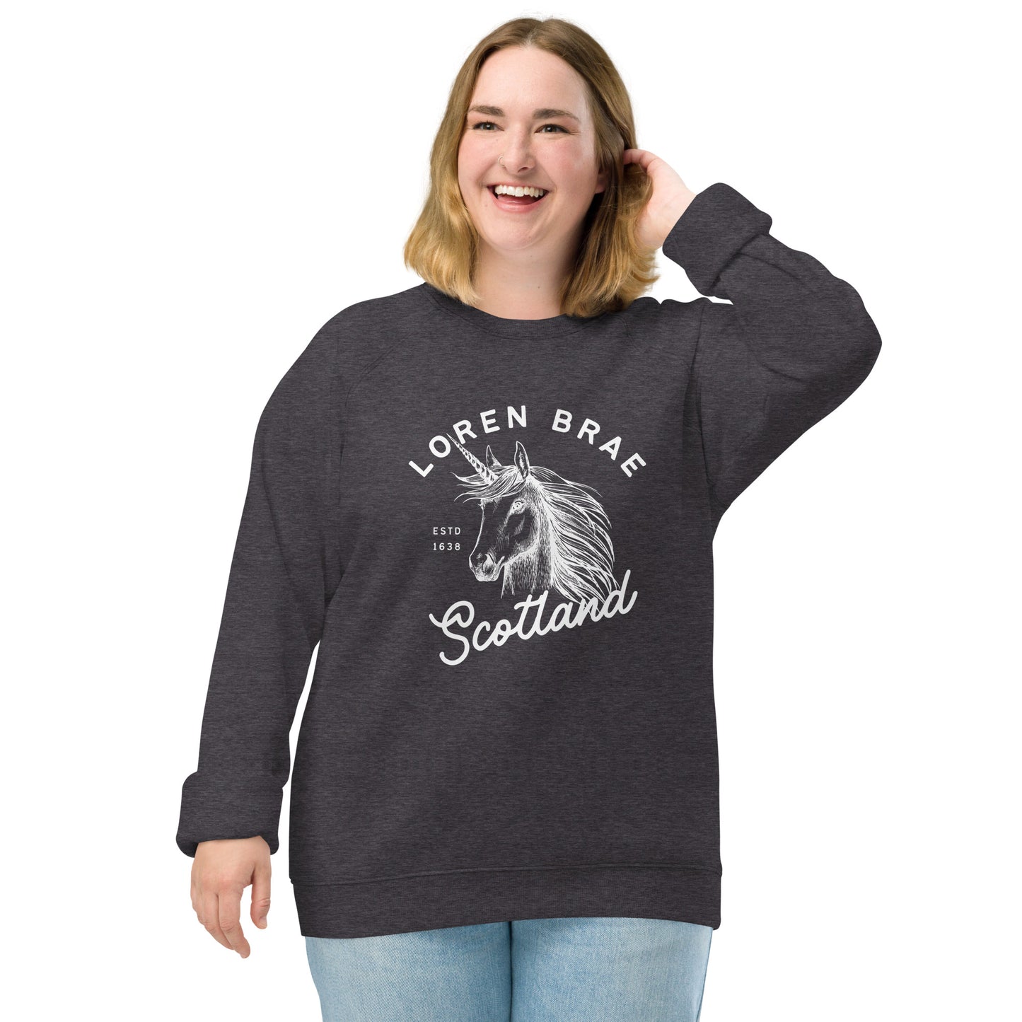 Loren Brae Unicorn White Font Unisex organic raglan sweatshirt